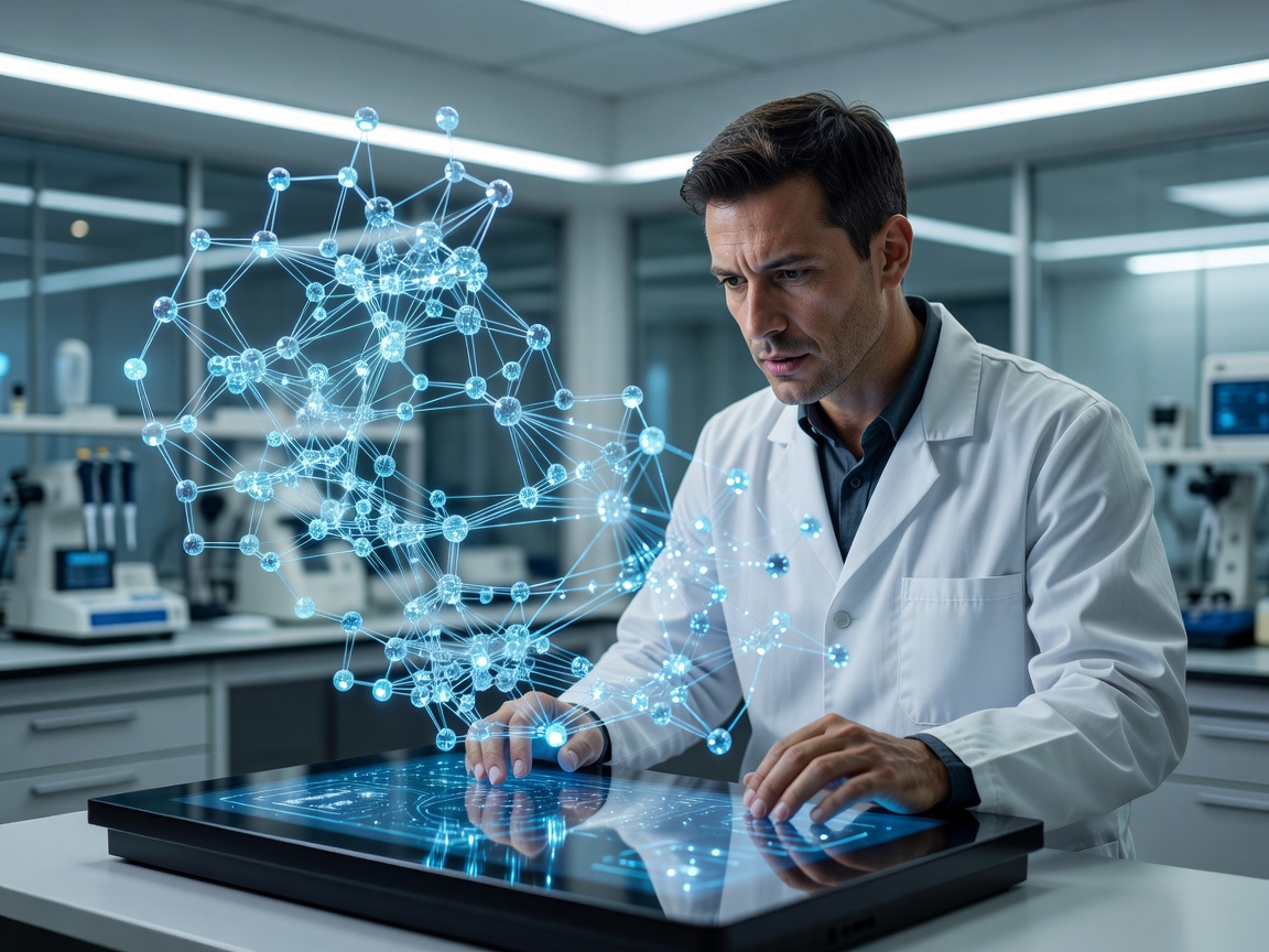Biotech researcher inspecting 3D molecular layout generated by synthetic bio AI model