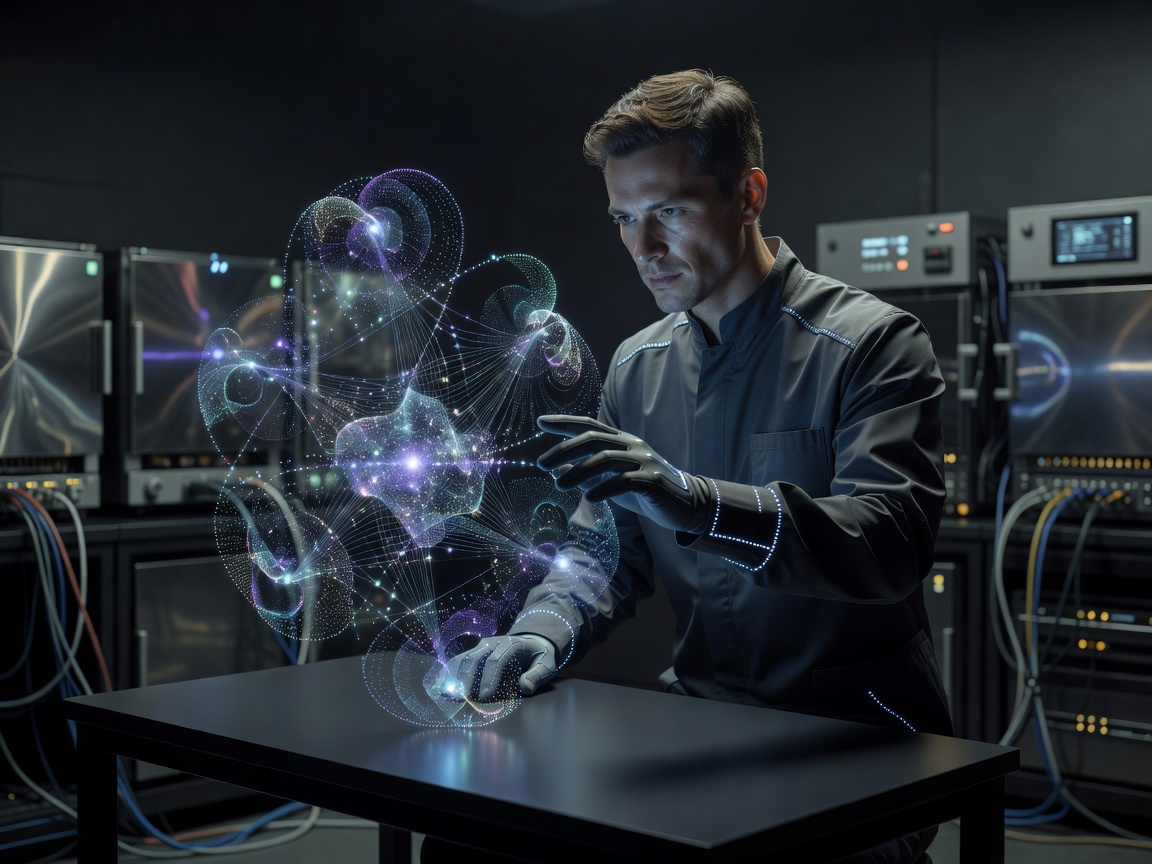 Quantum AI Architect working on holographic quantum model with glowing green circuits