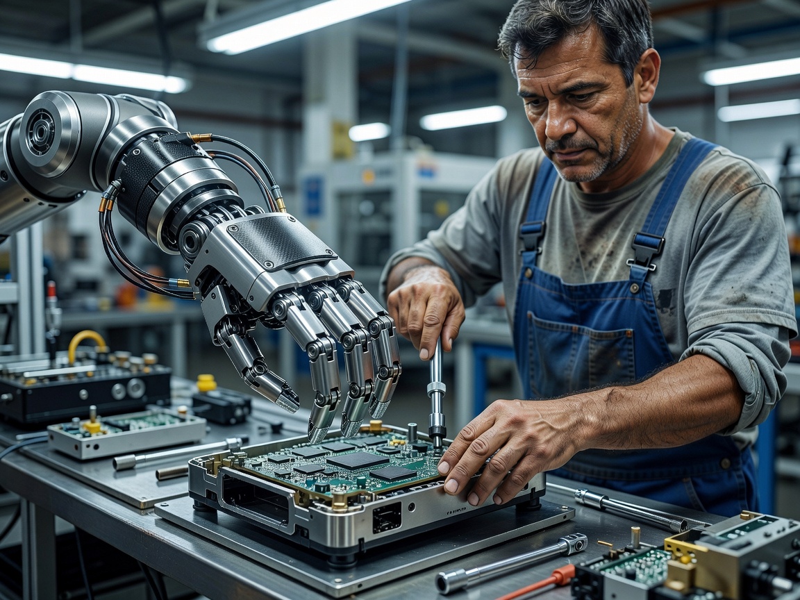 Robotic mechanical arm interacting with human hand in physical workplace